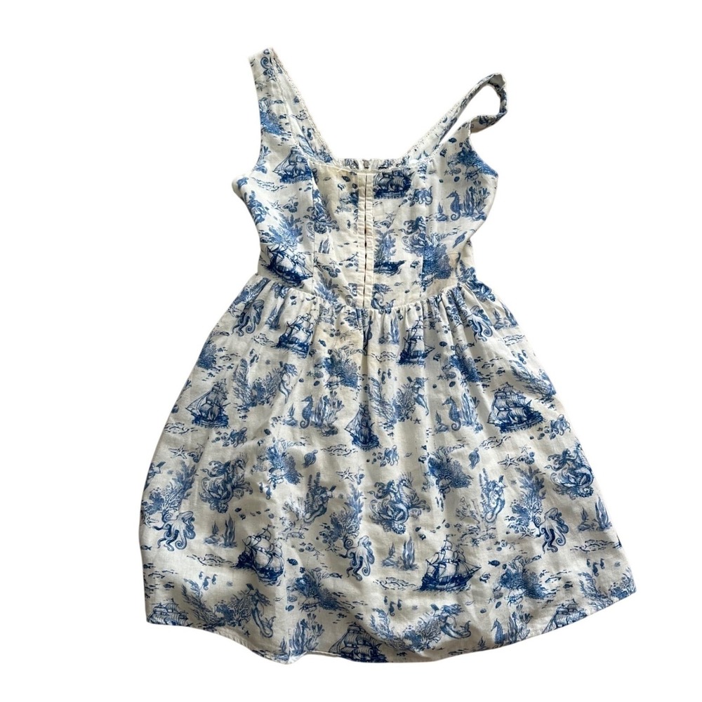 7 For All Mankind Blue White Toile De Jouy Linen Blend Mini Dress Womens Small